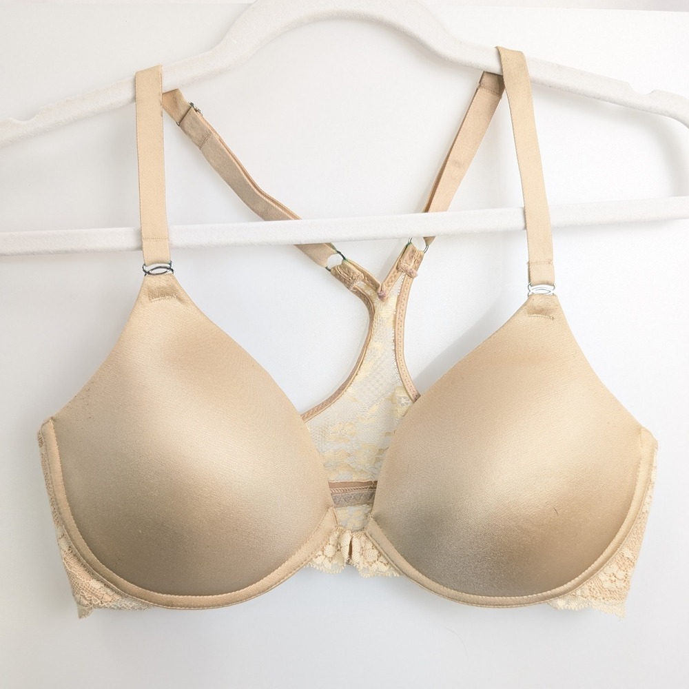 Maidenform Satin Floral Lace‎ Racerback Front Close Underwire Bra 34C Tan 07112